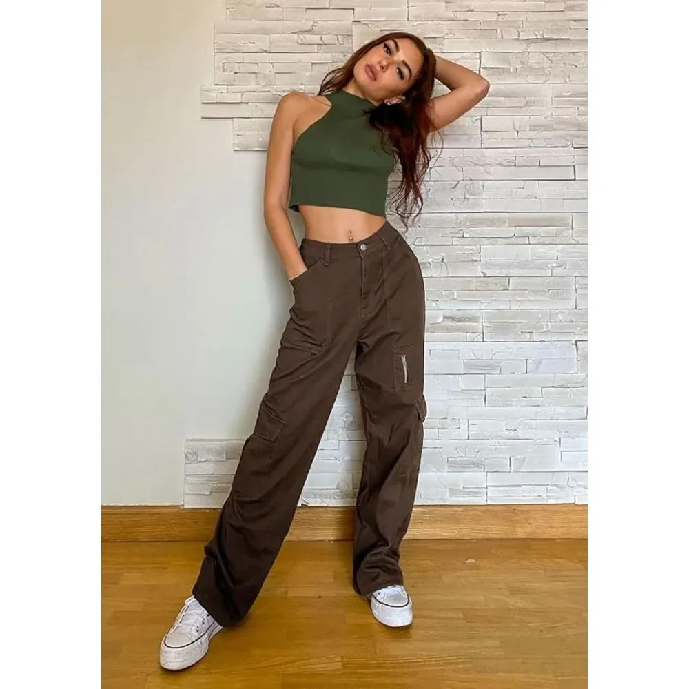 IVIR Brown High Waisted Wide Leg Cargo Pants | Y2K Baggy Streetwear